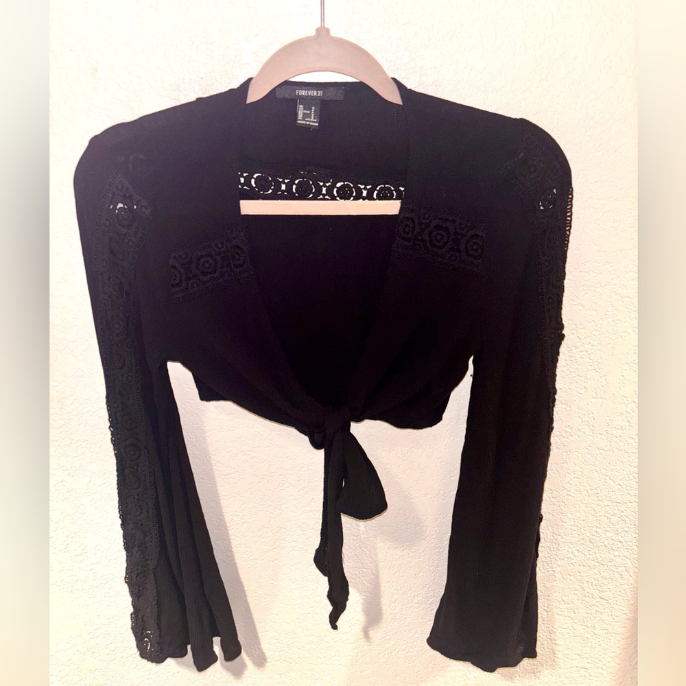Forever 21 Embroidered Long Sleeve Tie Front Crop Top